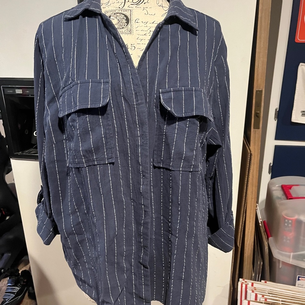 Navy Striped women’s button down Shirt